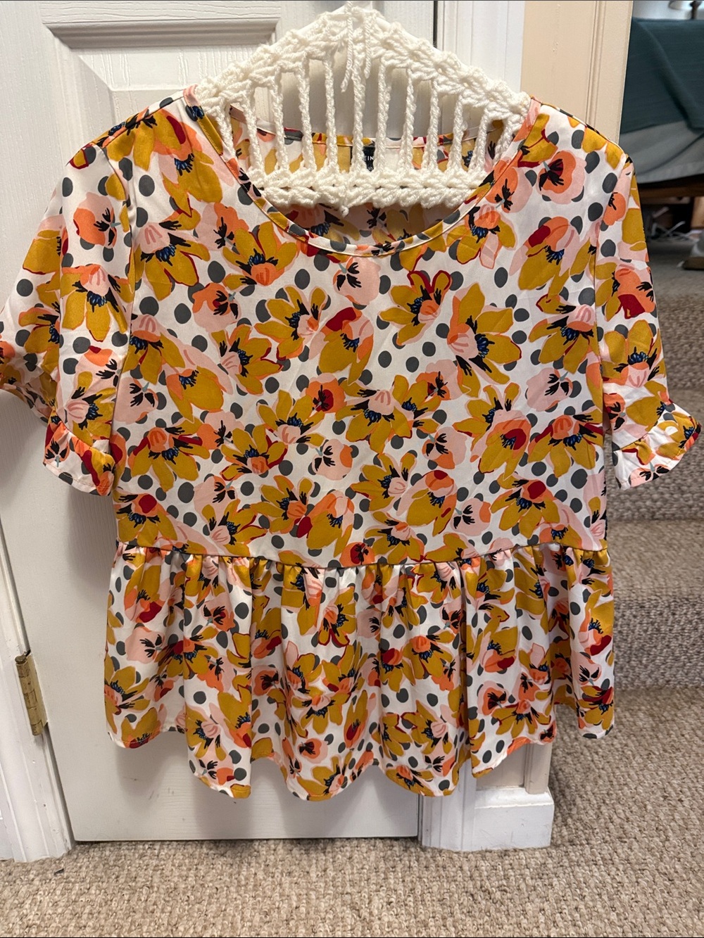 SHEIN Floral Peplum Blouse in Mustard, Pink & Gray
